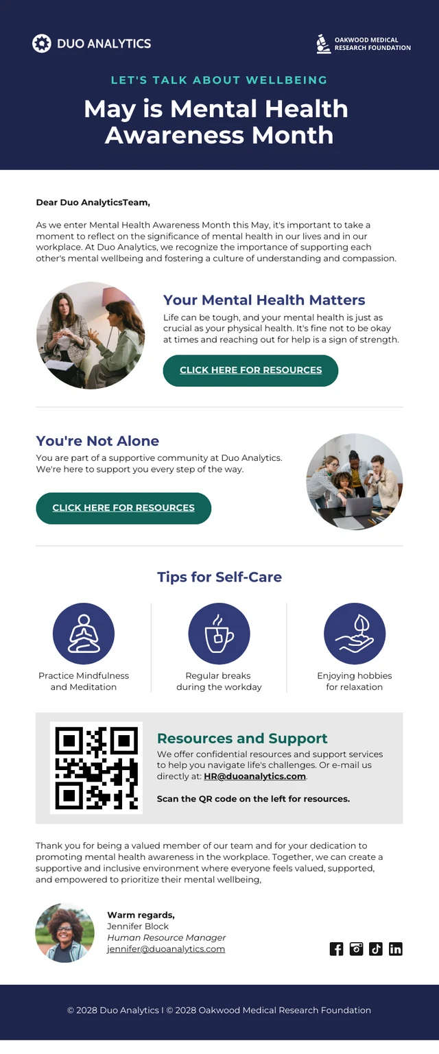 Modelo de boletim informativo por e-mail do mês de conscientização sobre saúde mental no local de trabalho