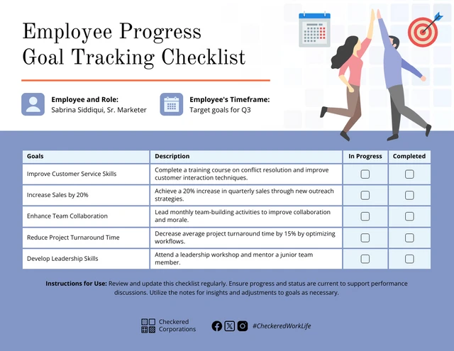 Modello di checklist per il monitoraggio degli obiettivi di progresso dei dipendenti