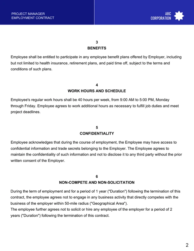 Clear And Comprehensive Project Manager Employment Contract Template 