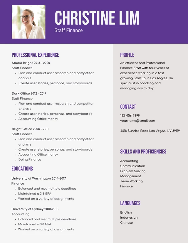 Light Grey And Purple Modern Professional Finance Resume Template