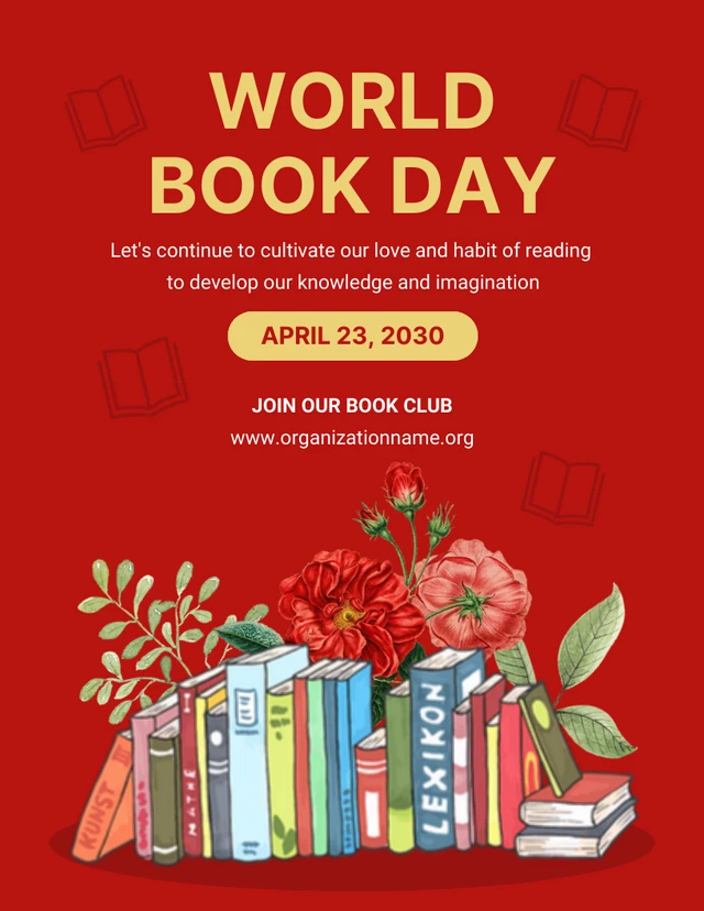 Red And Yellow Classic Illustration World Book Day Reading Poster Template