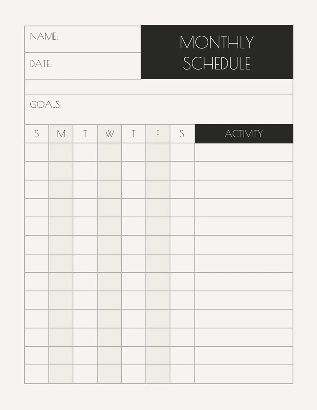Black Minimalist Grid Monthly Schedule Template