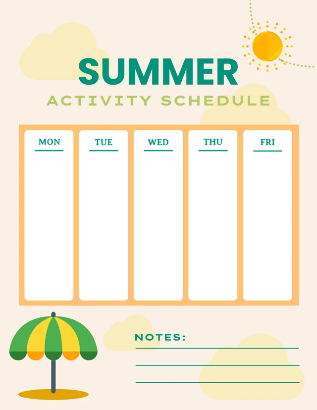 Light Cream Modern Illustration Summer Activity Schedule Template