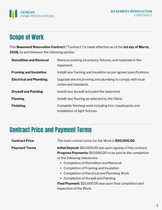 Basement Renovation Contract Template - page 2