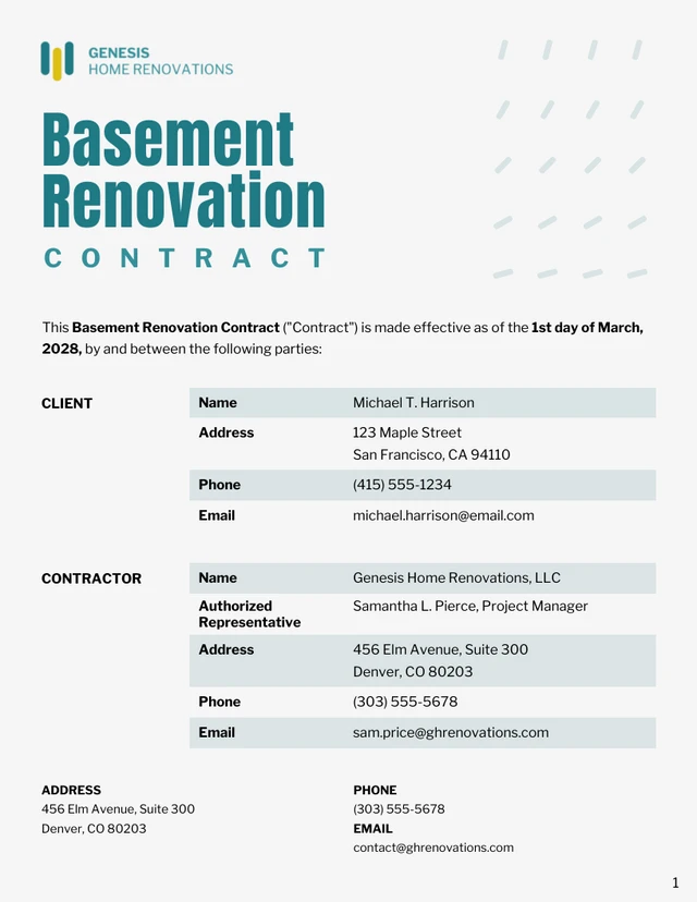 Basement Renovation Contract Template - Page 1