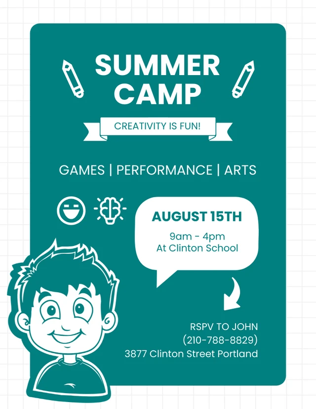 White And Green Cute Illustration Summer Camp Kids Poster Template