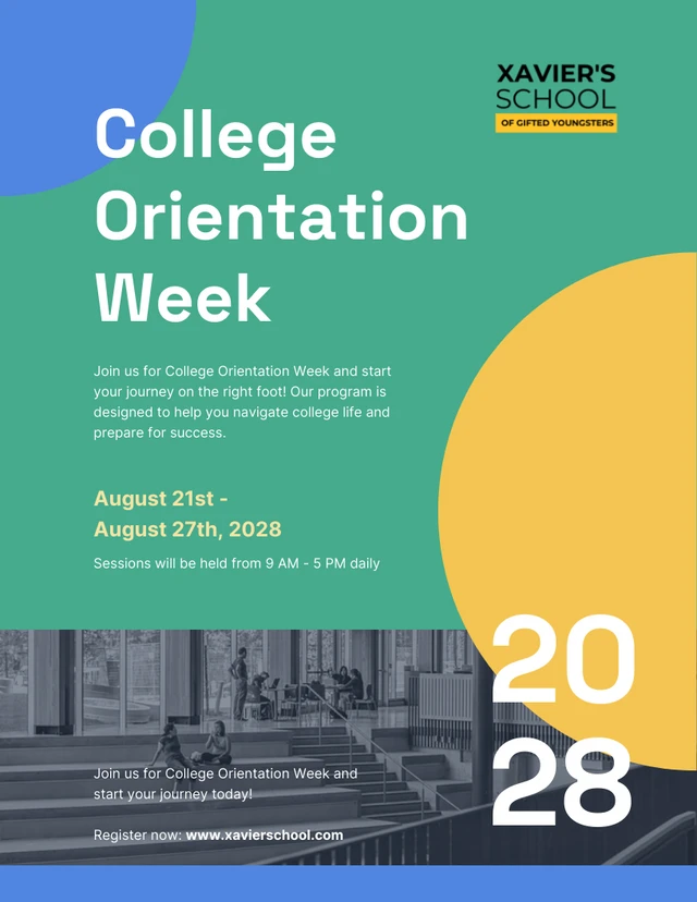 Modelo de pôster colorido verde da semana de orientação universitária