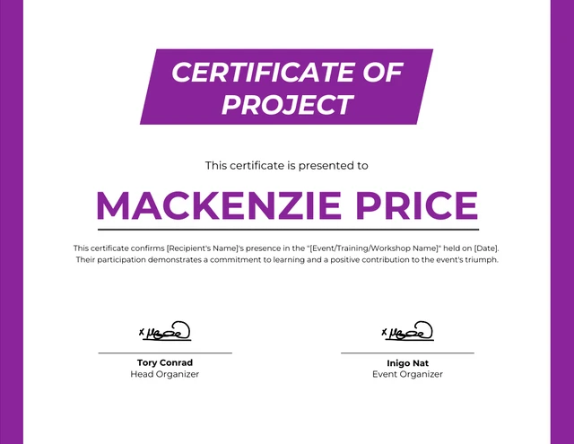 Modèle de certificat de projet simple blanc et violet