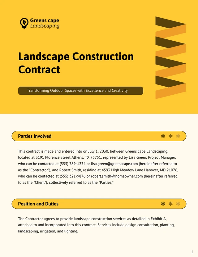 Landscape Construction Contract Template - Página 1