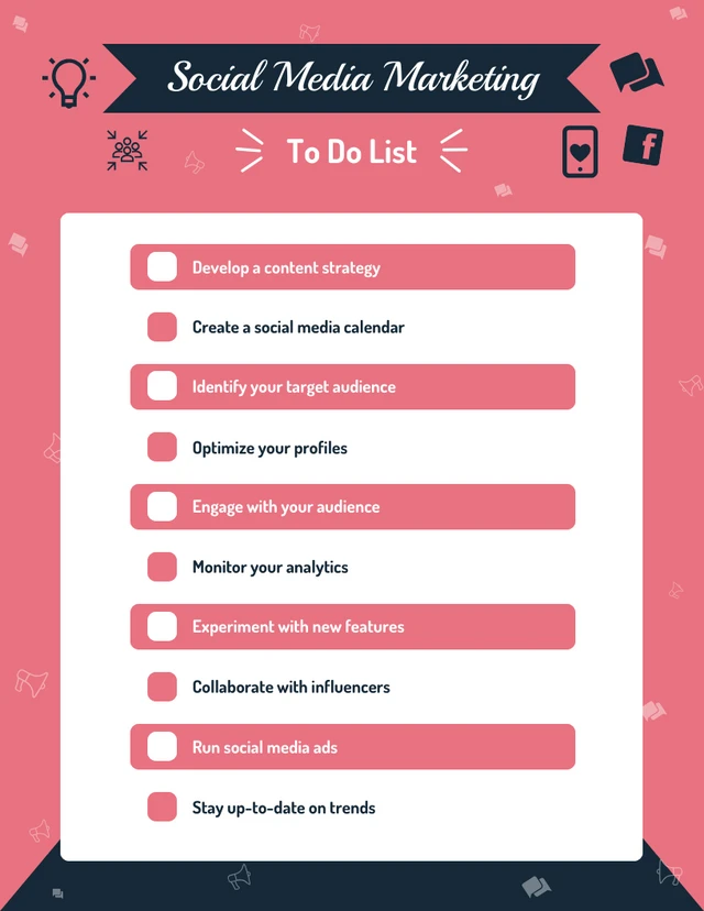 Social Media Marketing To Do List Pink Template