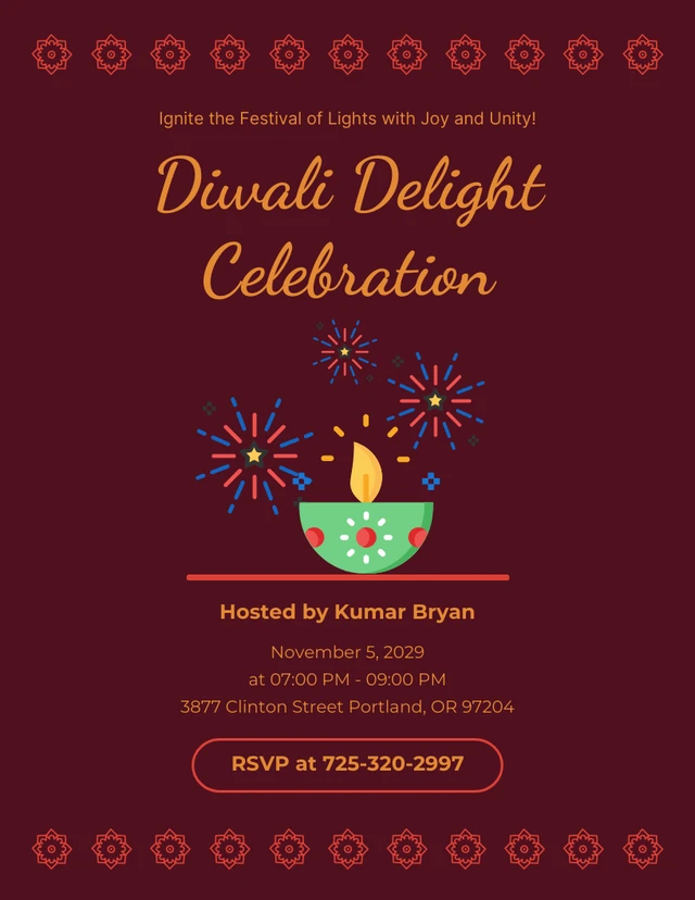Gelbe und kastanienbraune Diwali-Einladungsvorlage