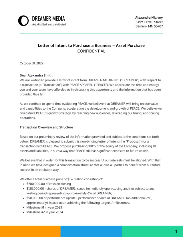 Business Letter of Intent Letterhead - Page 1
