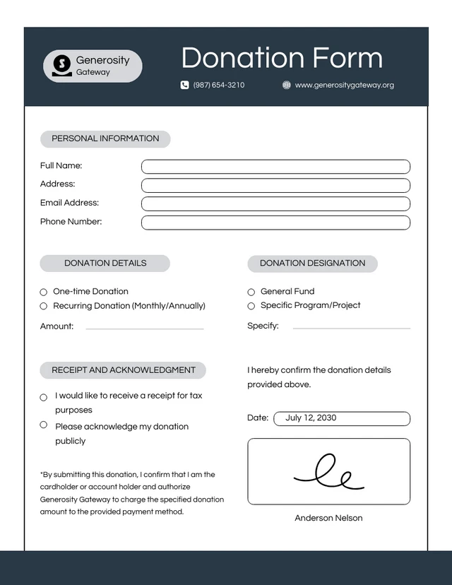 Simple White and Dark Blue Donation Form Template