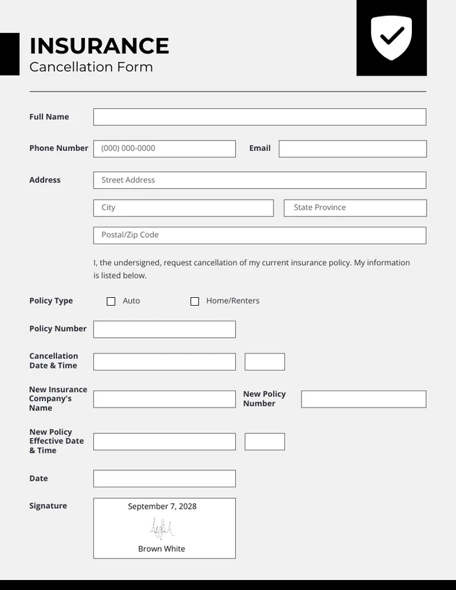 Minimalist Clean Black and White Insurance Cancellation Forms Template