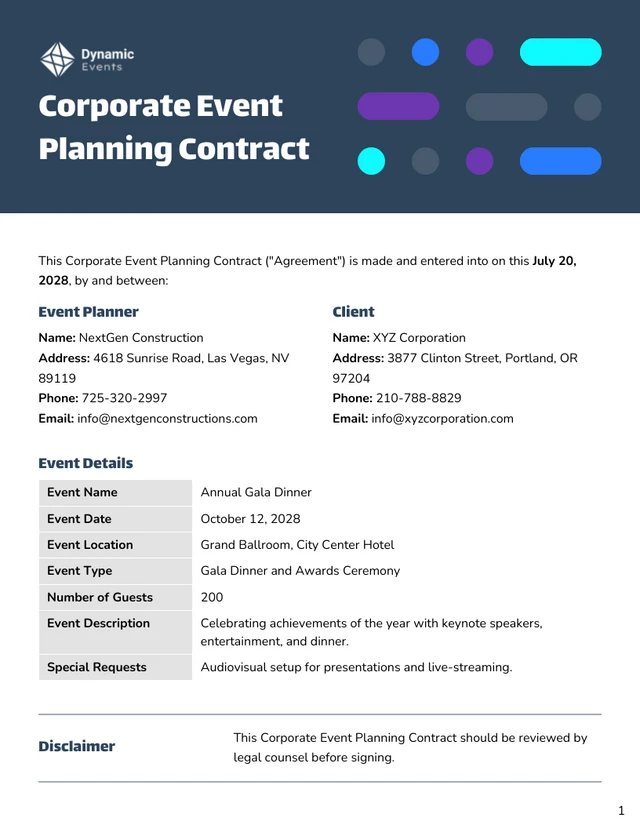 Corporate Event Planning Contract Template - Page 1