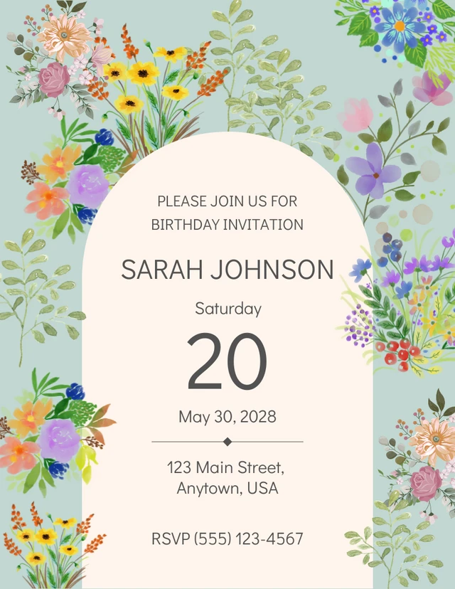 Plantilla de invitaciones de cumpleaños número 30 de flor crema verde