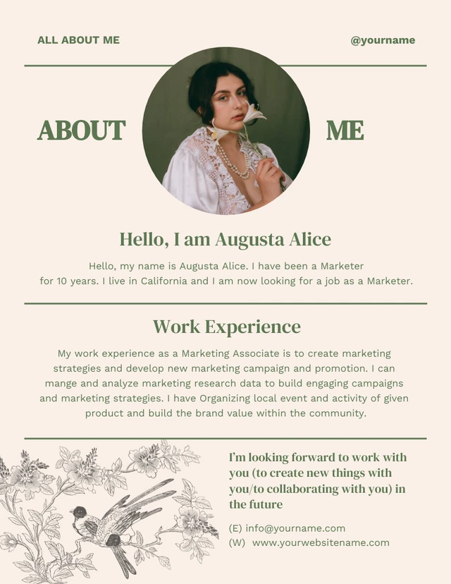 Light Yellow And Dark Green Modern Vintage All About Me Poster Template