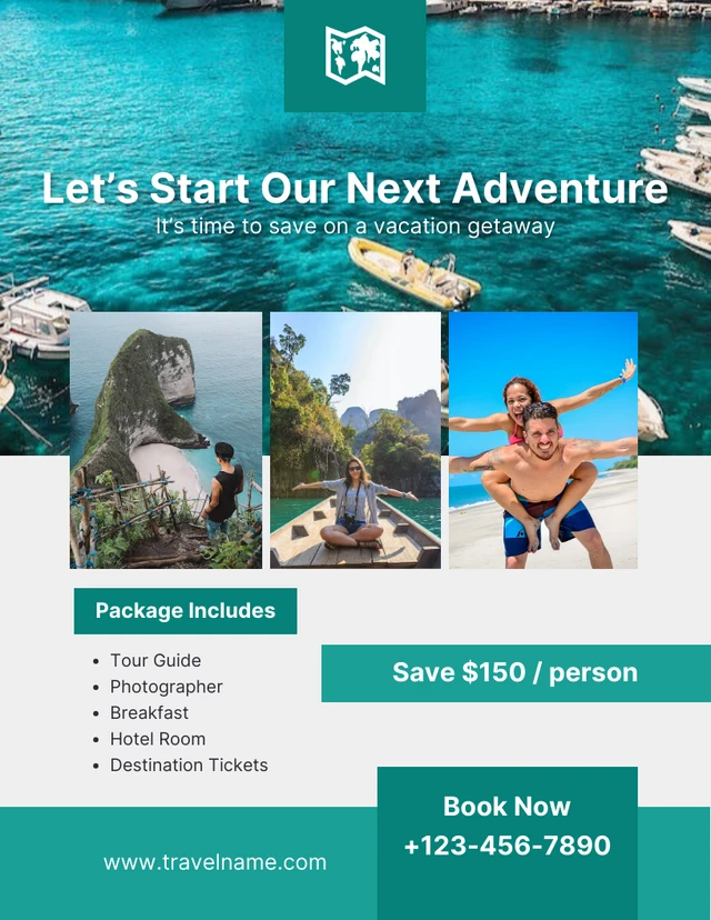 Light Grey And Teal Photo Collage Let'S Start The Travel Poster Template