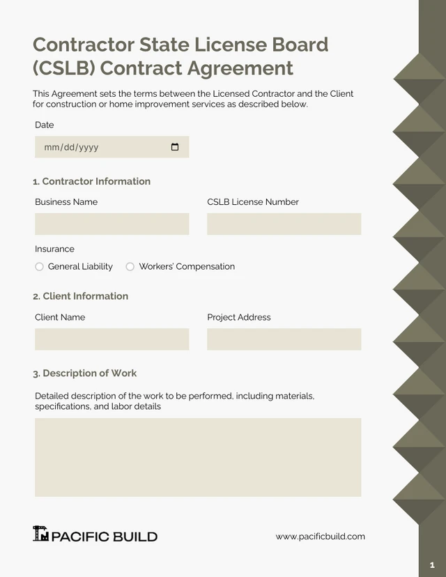 Free CSLB Contract Template - Pagina 1