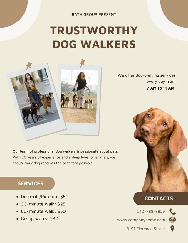 Clean Cream and Brown Dog Walker Flyer Template