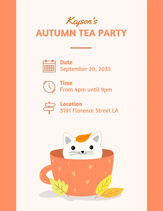 Orange Simple Cute Illustration Cat Autumn Tea Party Invitation Template