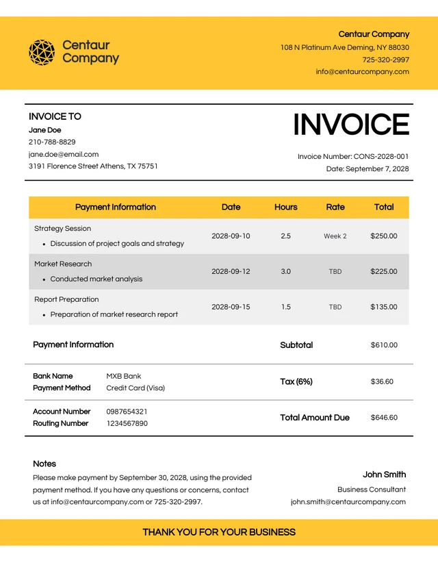 Simple Yellow Consultation Invoice Template