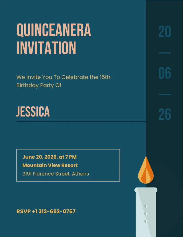 Quinceanera Invitation Dark Blue And Candle Illustrative Template