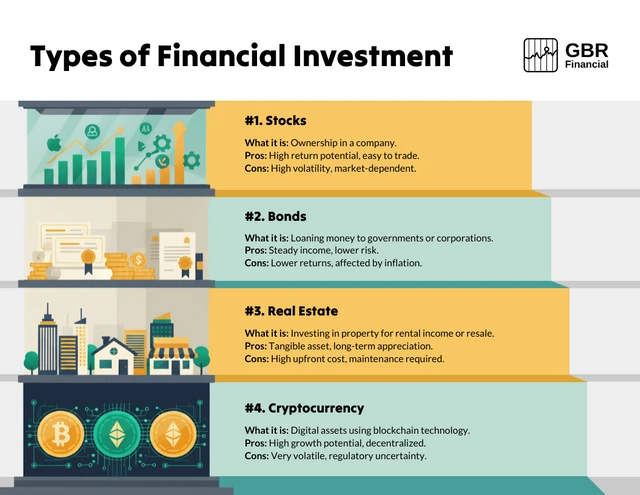 Infografía de los 4 tipos de inversiones financieras Template plantilla de infografía de 4 tipos de inversiones financieras