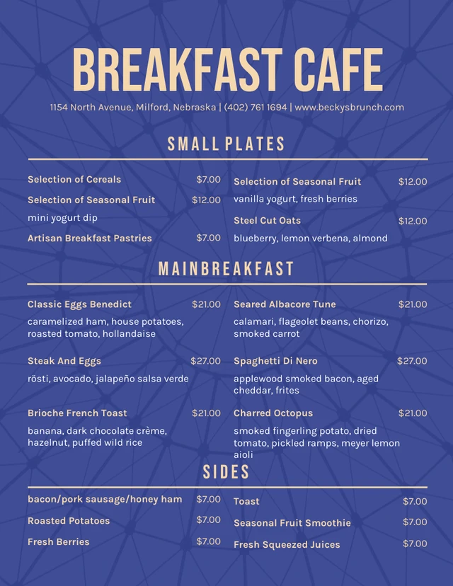 Modèle de menu de petit-déjeuner moderne bleu et or