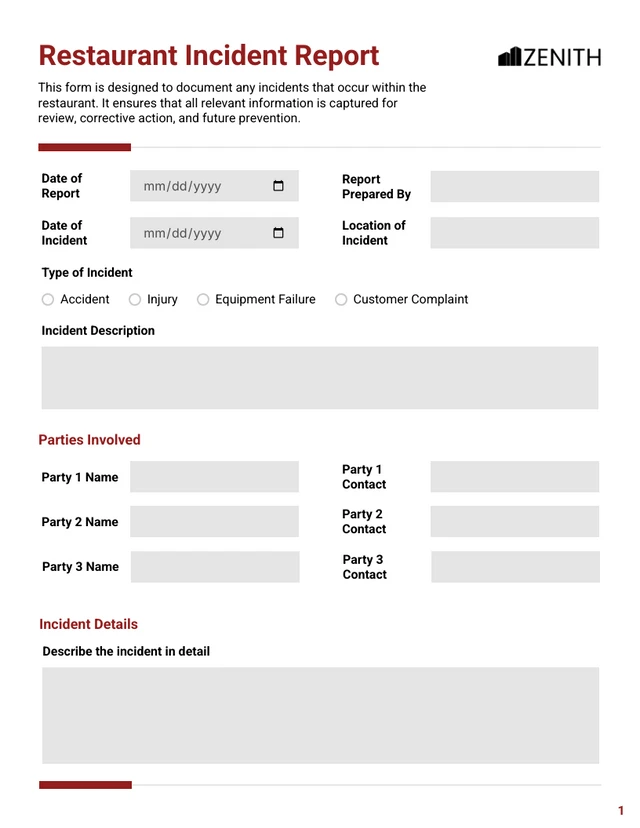 Restaurant Incident Report - Page 1