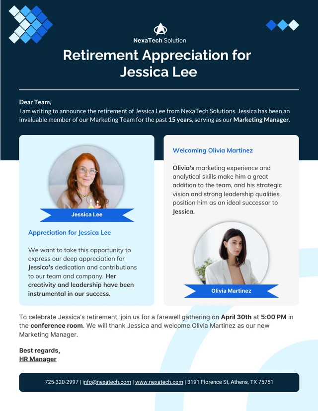 Modelo de boletim informativo por e-mail de agradecimento à aposentadoria