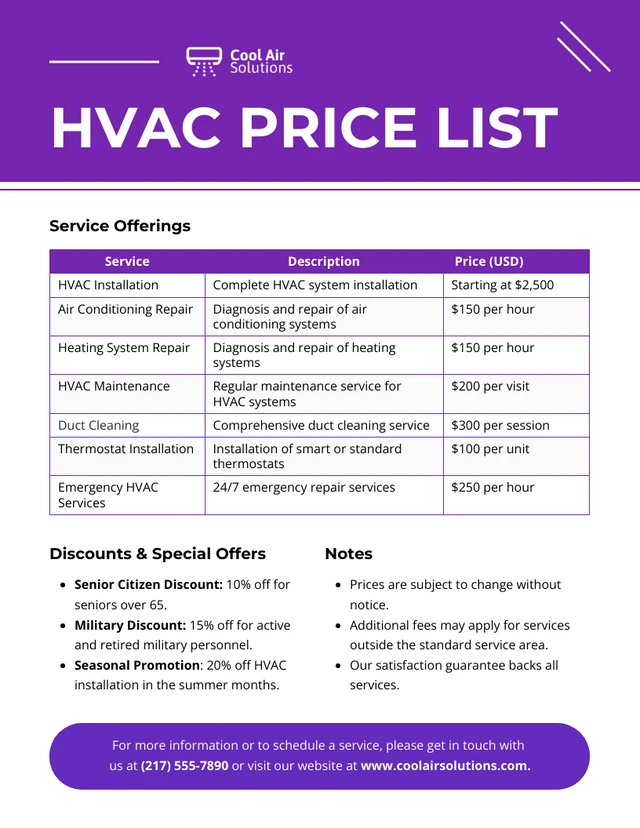 plantilla de lista de precios de hvac