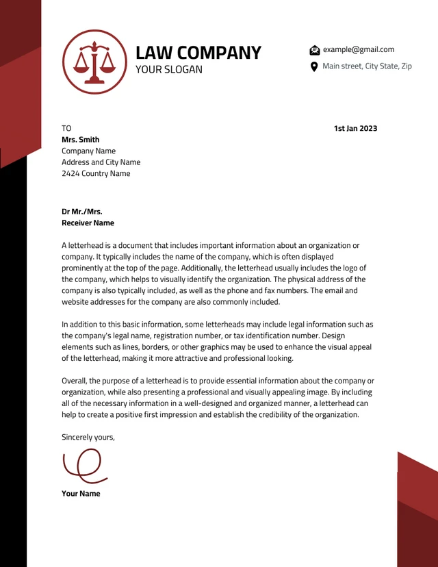 Black And Red Professional Law Firm Letterhead Template