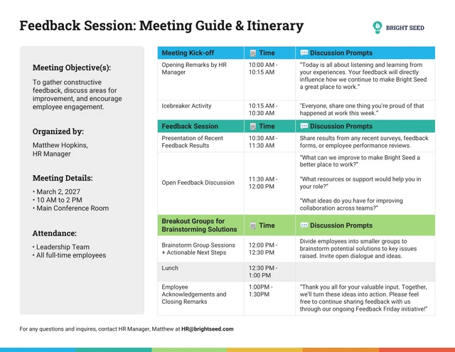 Guía y programa de reunión de retroalimentación para profesionales de recursos humanos.