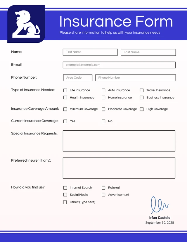 Modern Royal Blue Insurance Forms Template