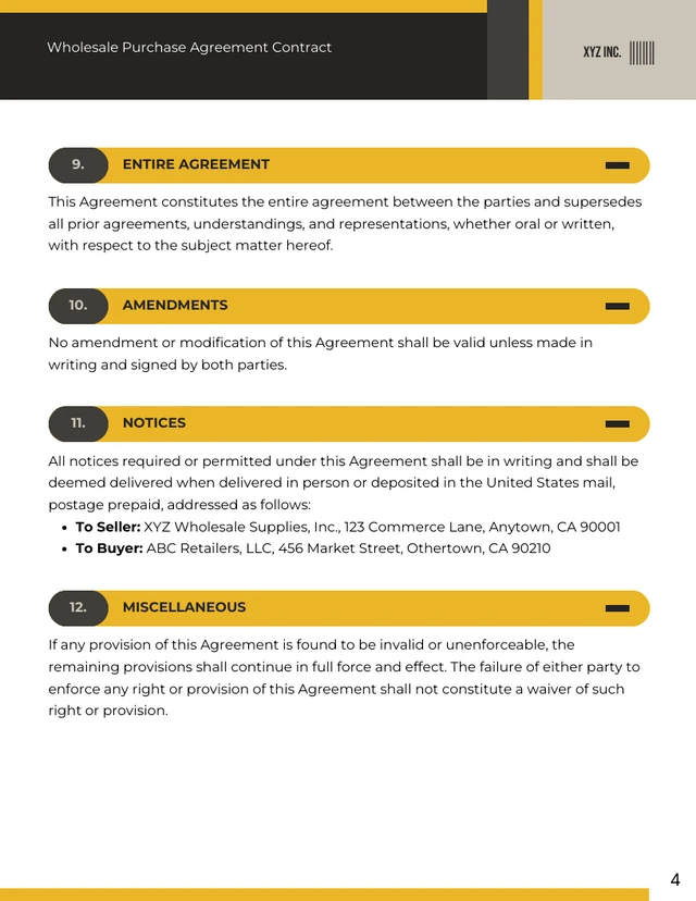 Wholesale Purchase Agreement Contract Template - page 4