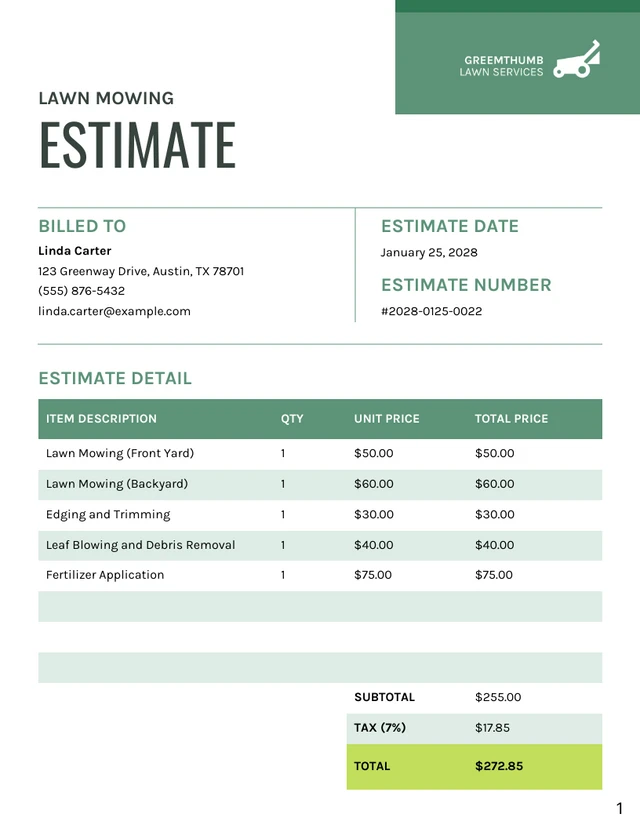 Lawn Mowing Estimate Template - Pagina 1