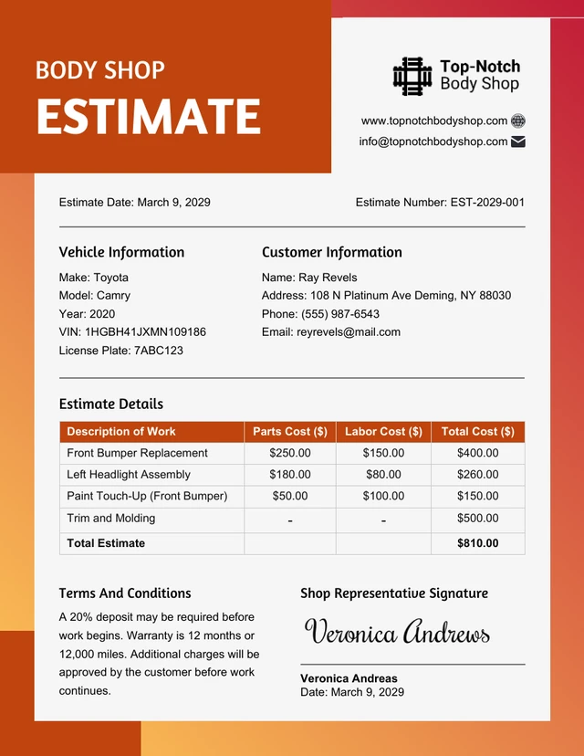 Body Shop Estimate Template