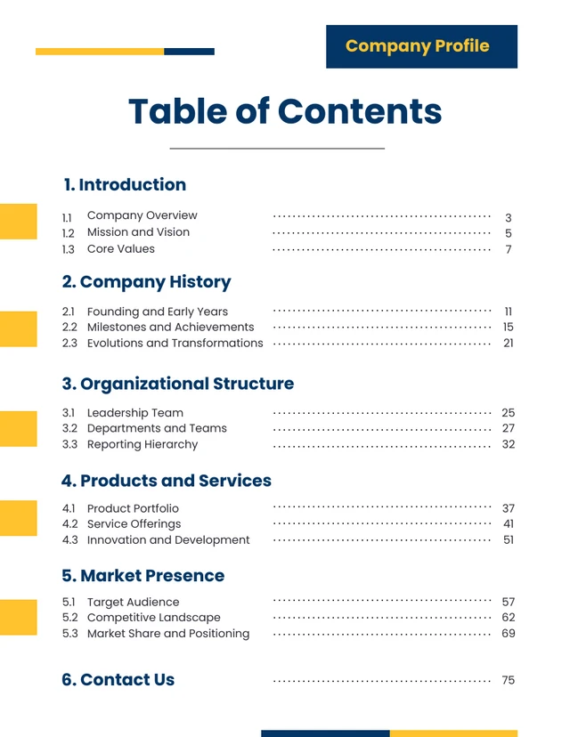 Modèle de table des matières du rapport d'entreprise bleu et jaune