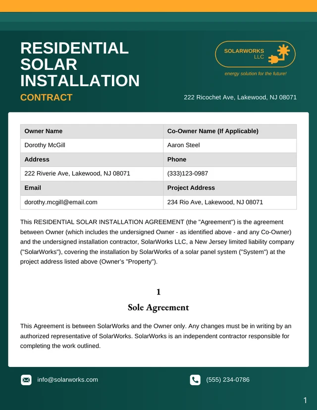 Residential Solar Installation Contract Template