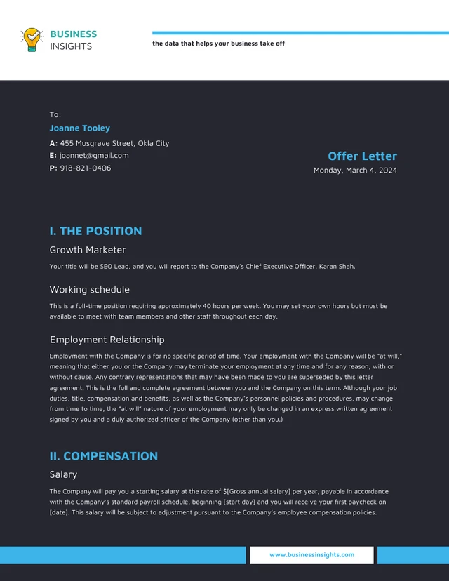 Blue Dark Job Offer Letter - Page 1