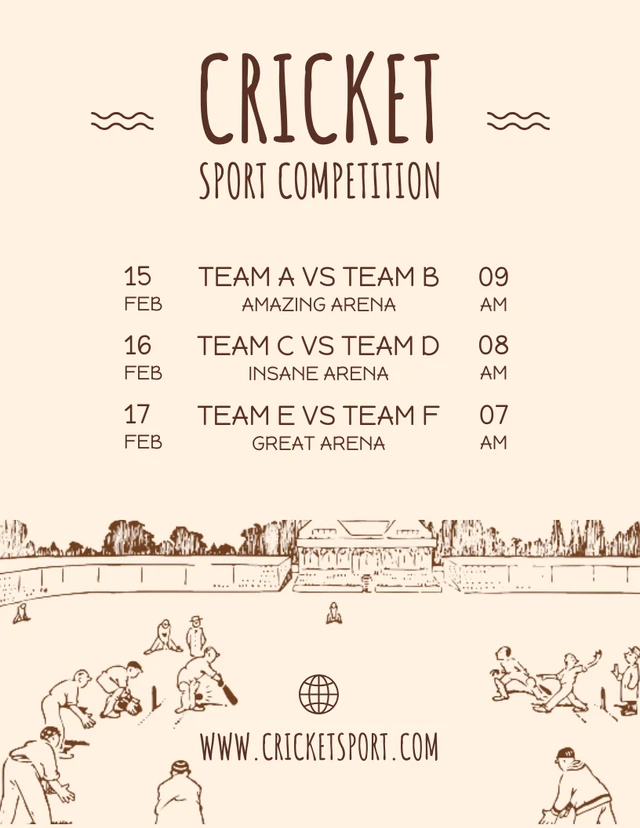 Light Brown Retro Cricket Sport Competition Schedule Template