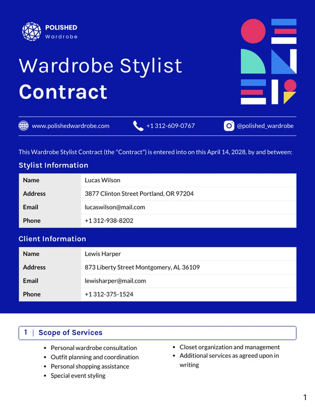 Wardrobe Stylist Stylist Contract Template - Pagina 1