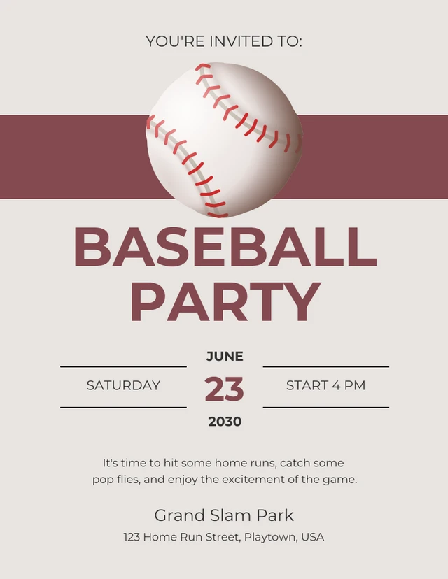 Vintage Clean Maroon Baseball Party Invitation Template