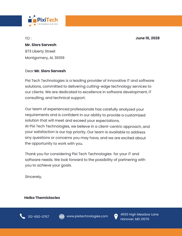 Dark Blue and Orange IT and Software Letterhead Template