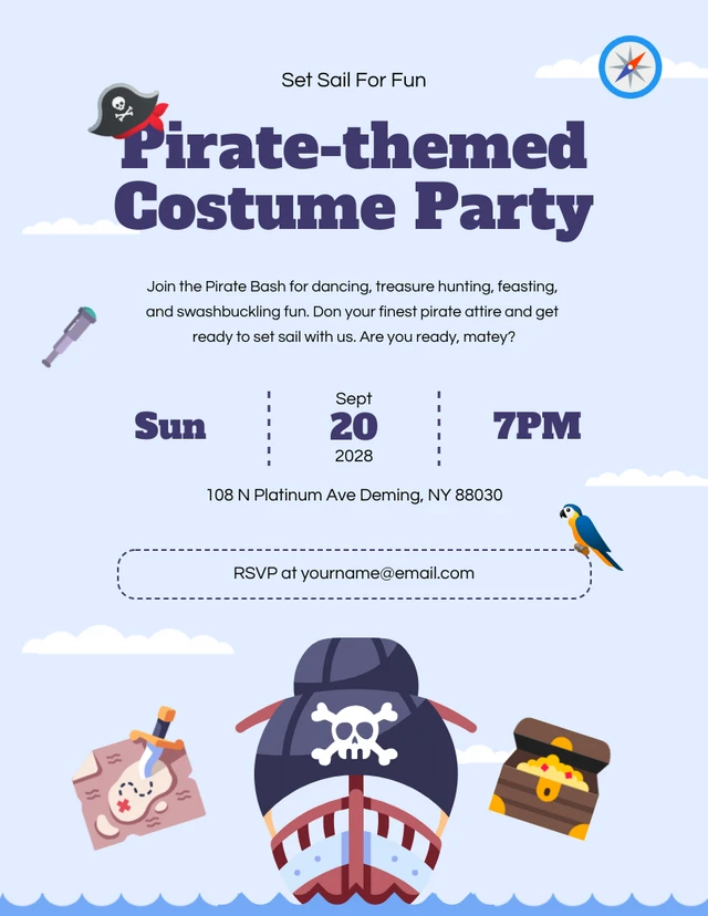 Blue Sky Illustrative Pirate Costume Party Invitation Template