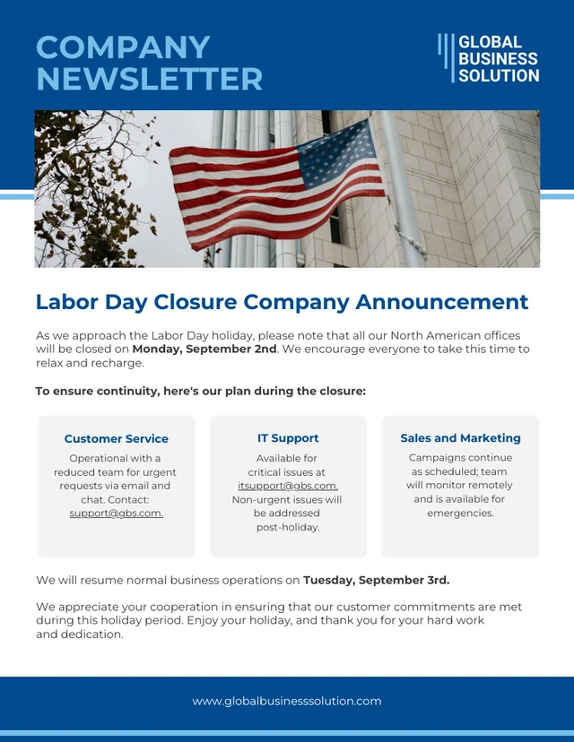 Modello di newsletter via e-mail per la chiusura operativa del Labor Day