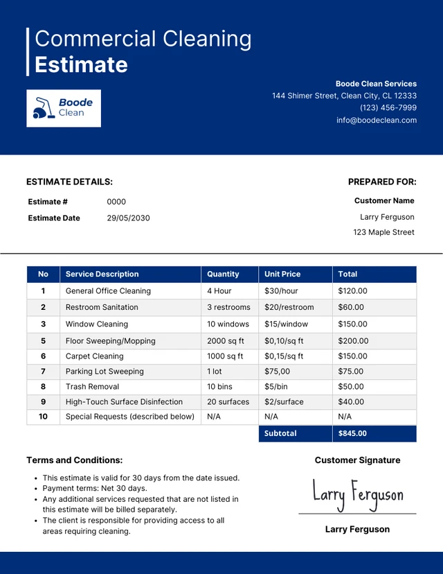 Modelo de estimativa de limpeza comercial