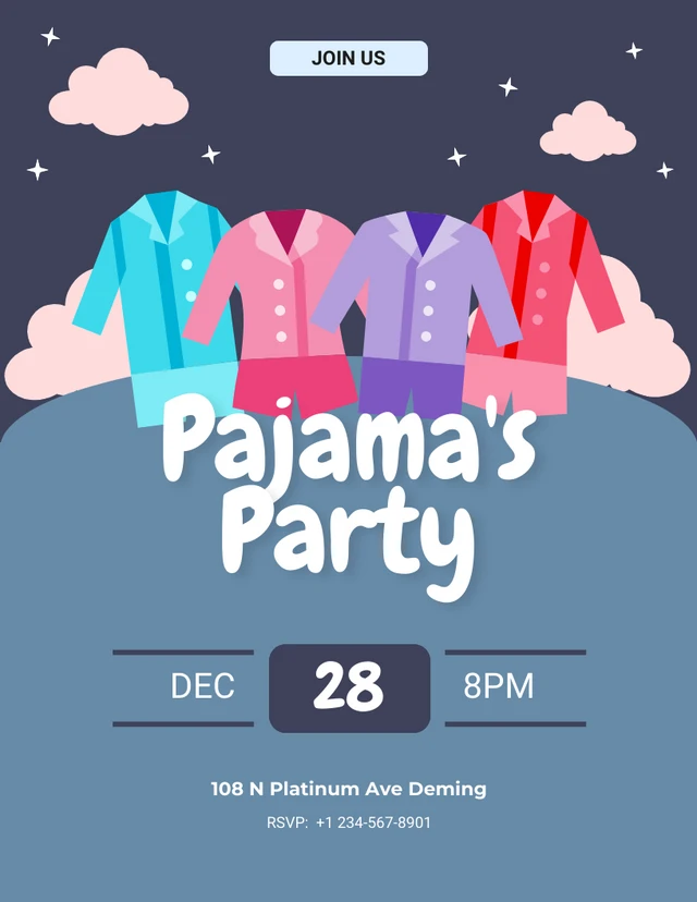 Nachtweiche blaue Pyjama-Party-Einladungsvorlage