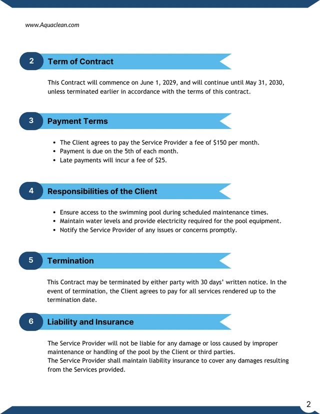 Swimming Pool Maintenance Contract Template - page 2